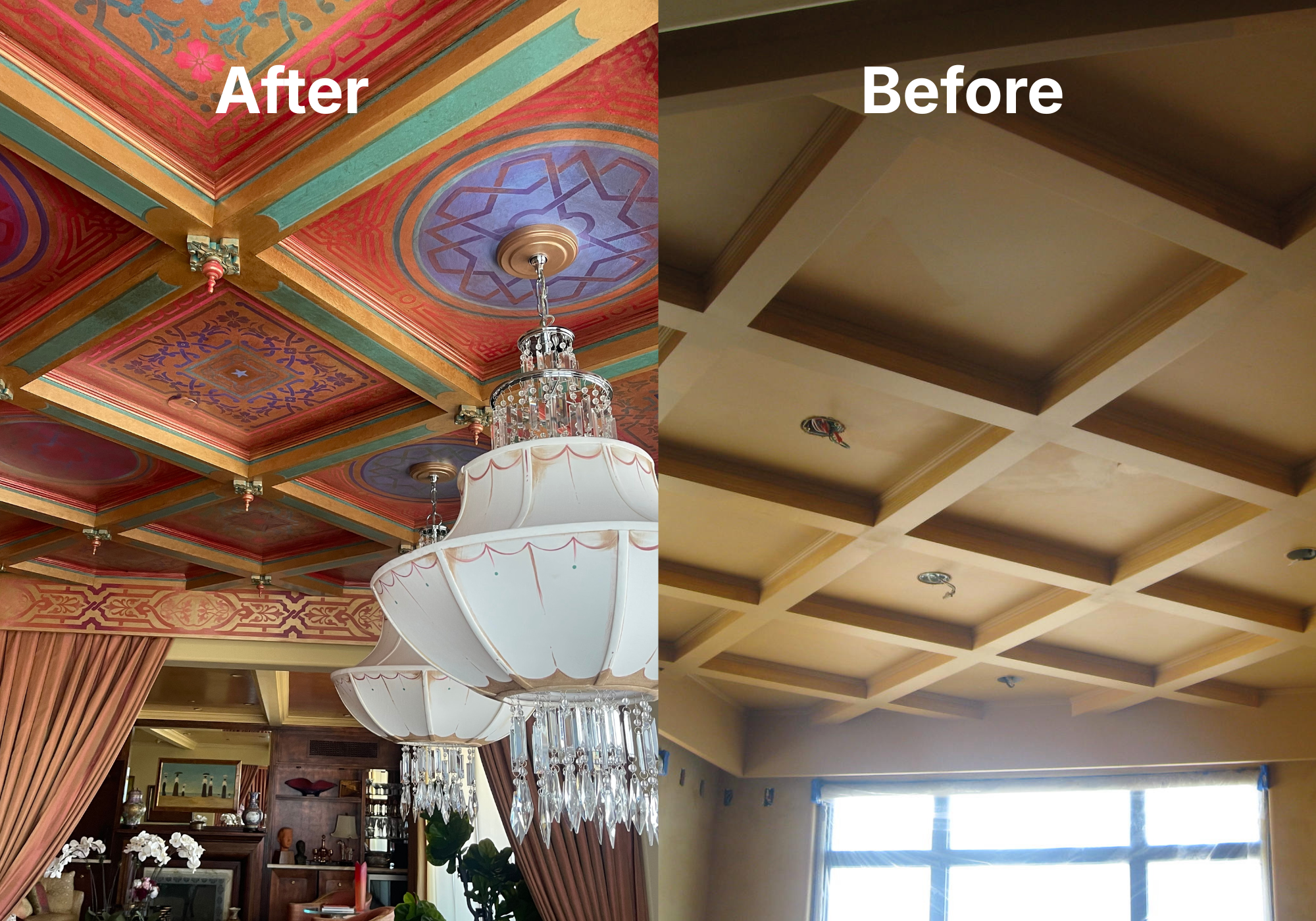 Hand painted ceiling artwork for a private client shown after and before