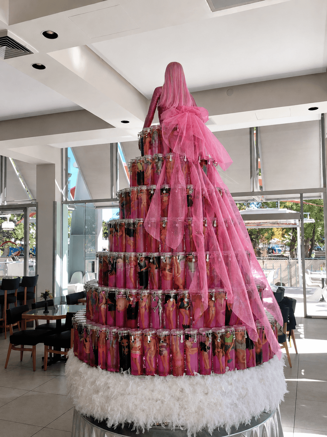 Back view of the Barbie Christmas Tree installation at AZ 88