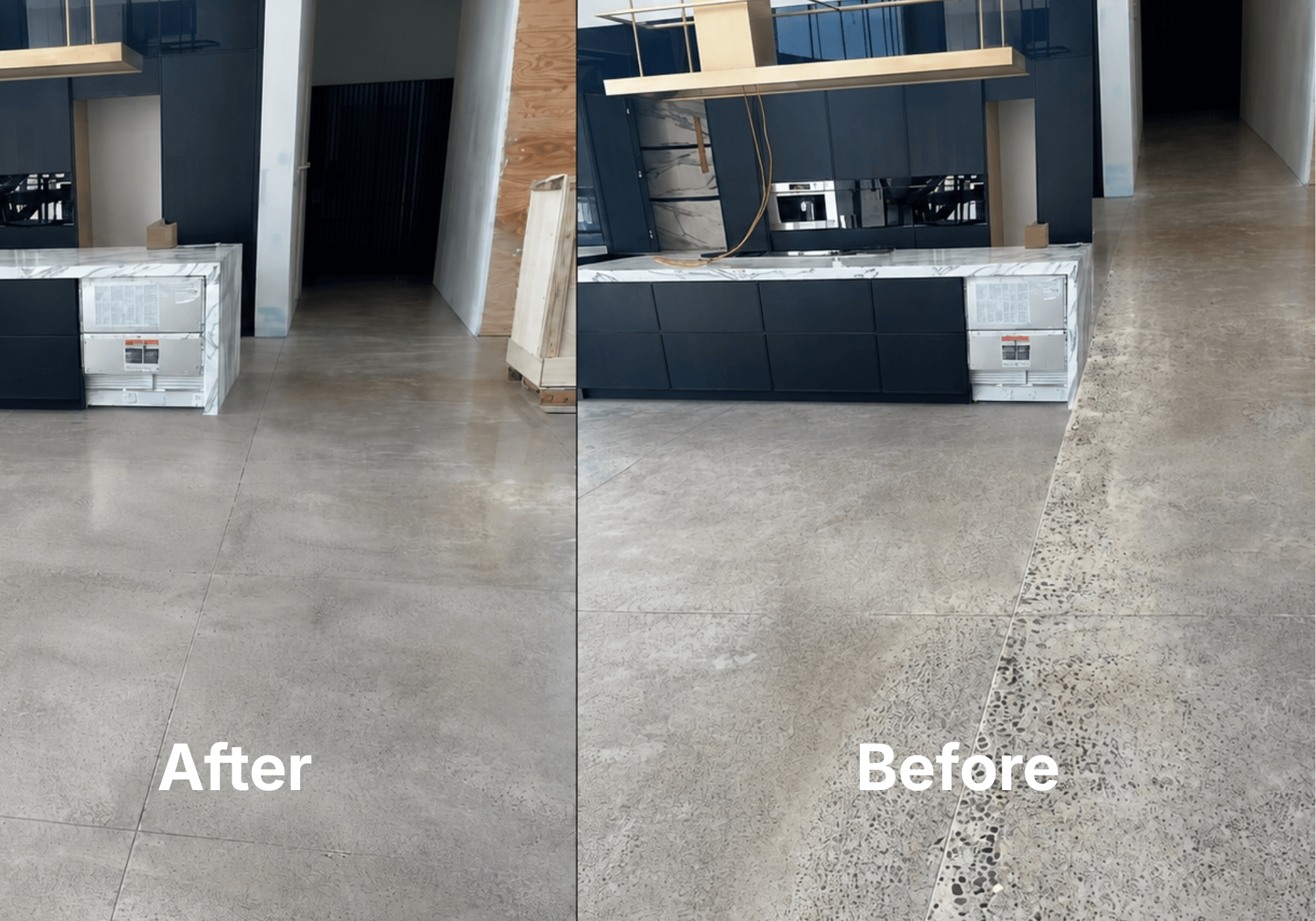 Concrete floor finish for Bedbrock Builders shown after and before