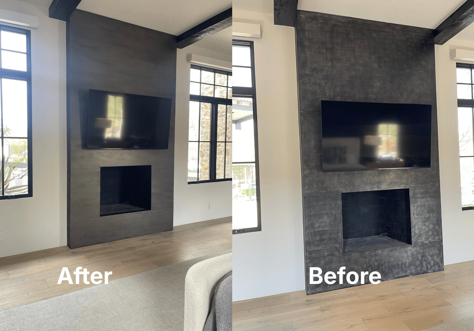 Metal fireplace finish for Claire Ownby Designs shown after and before
