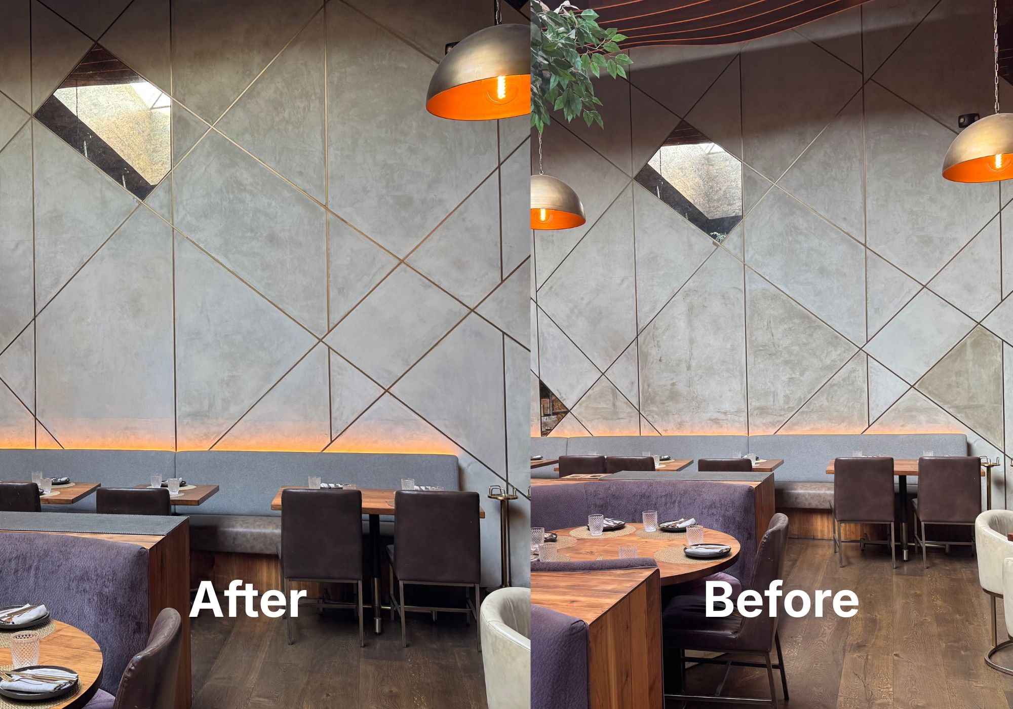 Toca Madera plaster repair and colorization shown after and before