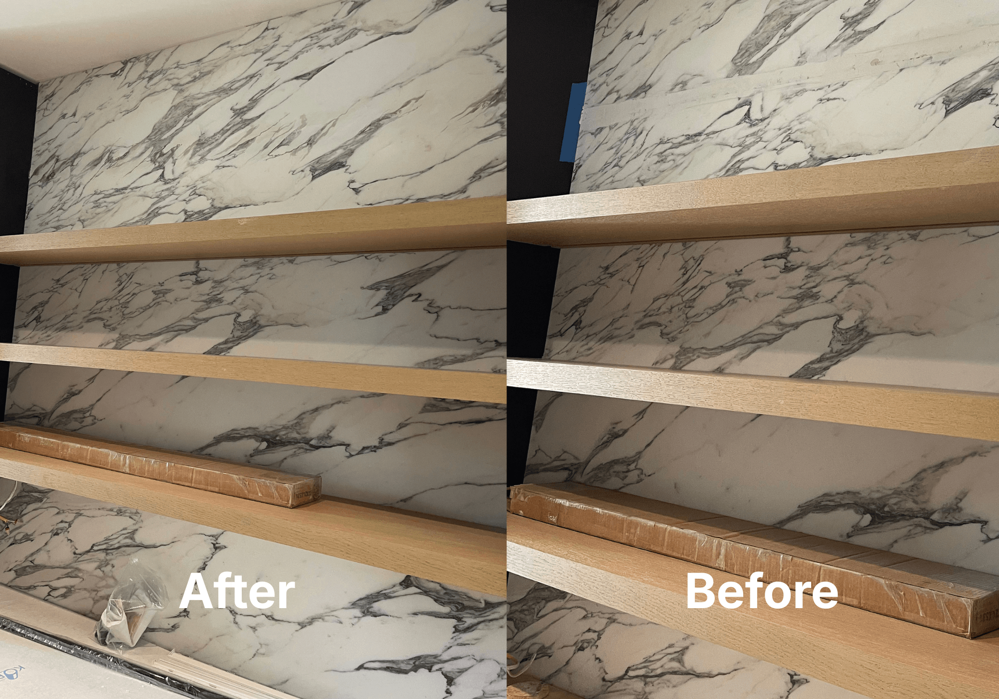 Marble repair and finish for Claire Ownby Designs shown after and before