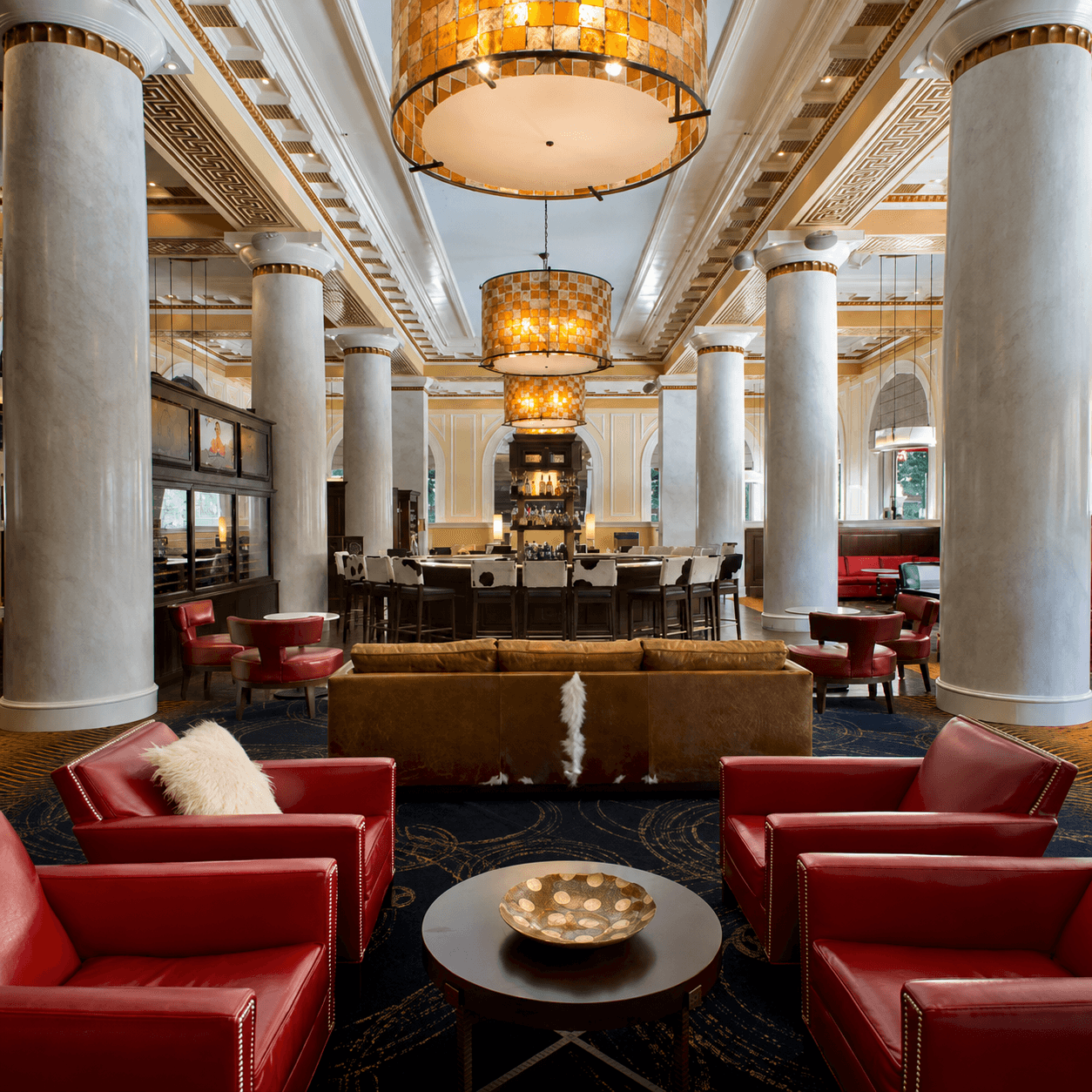 Painted marble columns at the Icon Hotel lobby bar