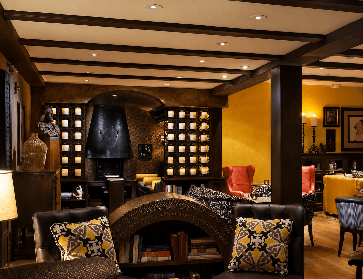 Metal and designer wall finishes in T. Cook’s lounge